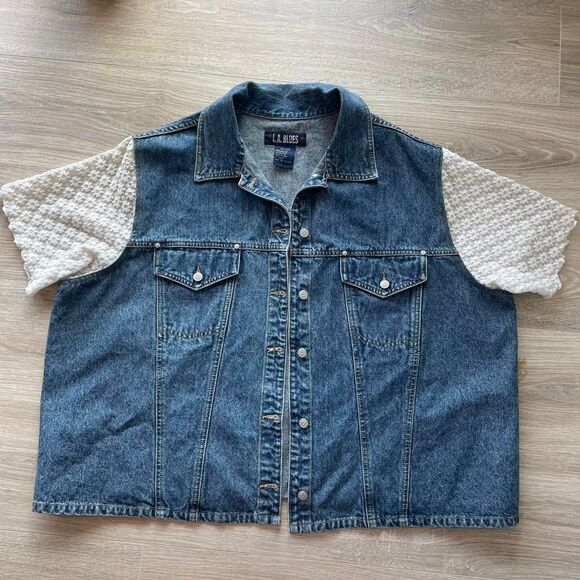 Vintage 90s Denim Button Up with White Textured Sleeves Retro Cottage Biker Chic - Picture 1 of 7